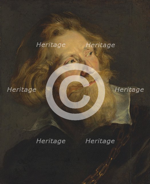 Portrait of a bearded man with a white collar and gold chains.