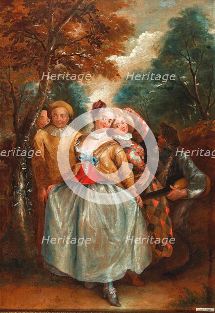 A Commedia dell'Arte scene with Columbina, Harlequin and Pierrot. Creator: Quillard, Pierre-Antoine (1701-1733).