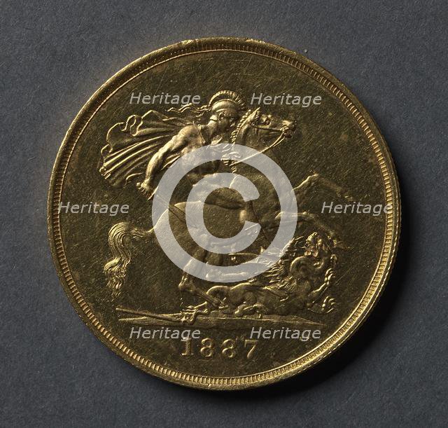 Five Pounds (reverse), 1887. Creator: Benedetto Pistrucci (Italian, 1784-1855).