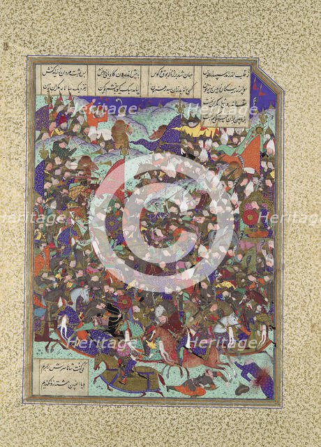 Kai Khusrau Defeats the Army of Makran, Folio 376v from the Shahnama (Book of..., ca. 1525-30. Creator: 'Abd al-Vahhab.