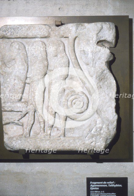 Greek relief, Agamemnon seated left with Talthybis and Epeios, c5th century BC. Artist: Unknown.