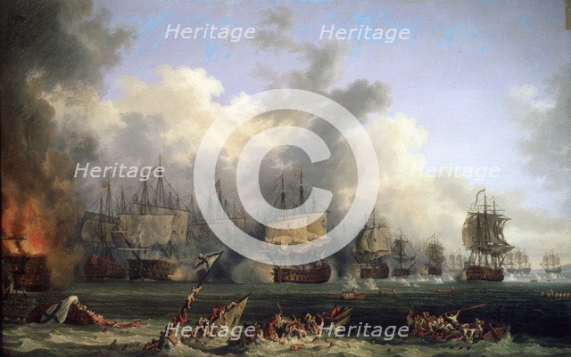The Sinking of the Russian Battleship St. Evstafius in the naval Battle of Chesma, 1771.  Creator: Hackert, Jacob Philipp (1737-1807).