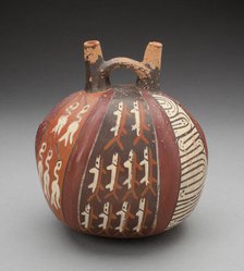 Double Spout Vessel with Vertical Bands Depicting Fish, Birds, and Geometric Motifs, 180 B.C./A.D. 5 Creator: Unknown.
