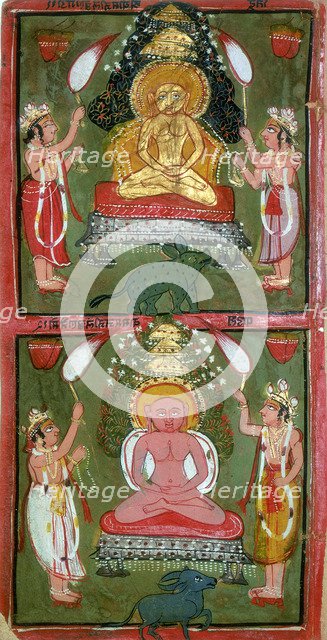 Two Jain Tirthankaras or jina (ford-makers) and their devotees, Bundi region, India, c1720. Artist: Unknown