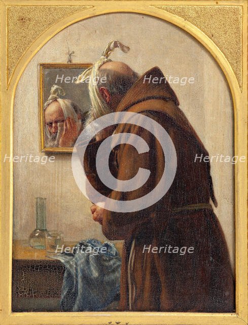 A monk examines himself in a mirror, 1875. Creator: Carl Bloch.