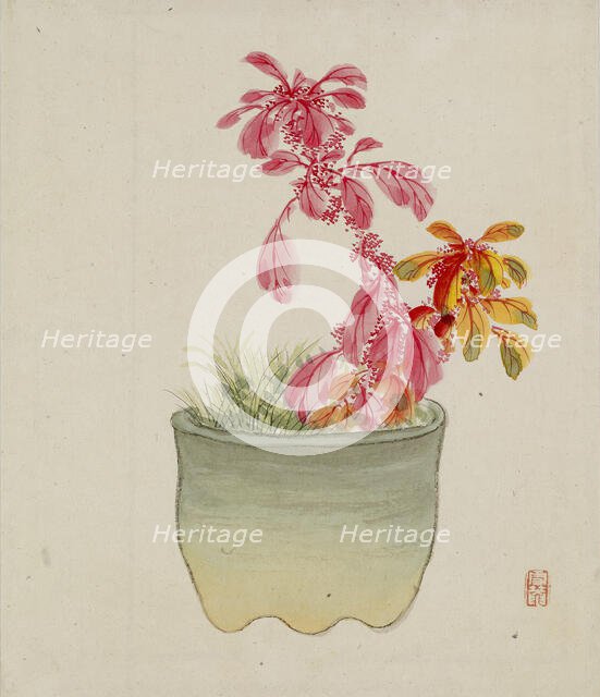 Leaf from Album Depicting Birds, Flowers, Landscapes, and Flower Pots, 1876. Creator: Yoshizawa Setsuan.