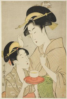 A Young Girl Offering Tea to Another Woman, Japan, c. 1797. Creator: Kitagawa Utamaro.
