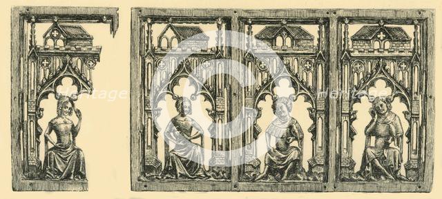 Knights and Ladies Seated under Canopies, pierced ivory panel, mid-late 14th century, (1881).  Creator: Frederick Albert Slocombe.