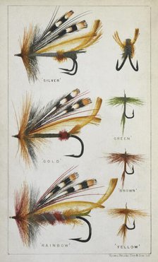 Fishing flies and hooks, 1875. Creator: Harry Cholmondeley Pennell.