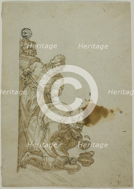 Three Men, One Bending Over Vessels, n.d. Creator: Unknown.