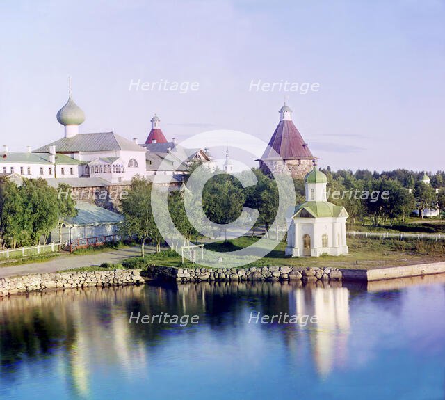 View of the [Solovetskii] monastery from the inn, Solovetski Islands, 1915. Creator: Sergey Mikhaylovich Prokudin-Gorsky.
