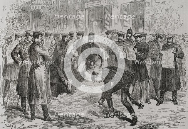 Siege of Paris, (19 Sep 1870 to 28 Jan 1871): Fall of a mail balloon within German lines, 1871.  Creator: Tomás Carlos Capuz.