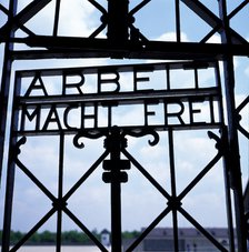 Entrance gate to the concentration camp of Dachau, with the inscription in German 'Arbeit macht f…