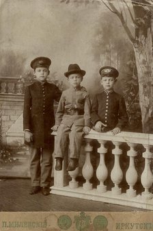 Portrait of three high school students, 1900. Creator: PA Milevskii.