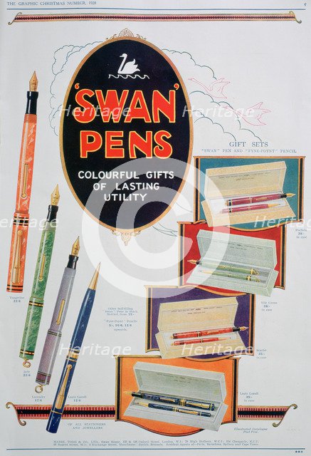 Advert for Swan pens, 1928. Artist: Unknown