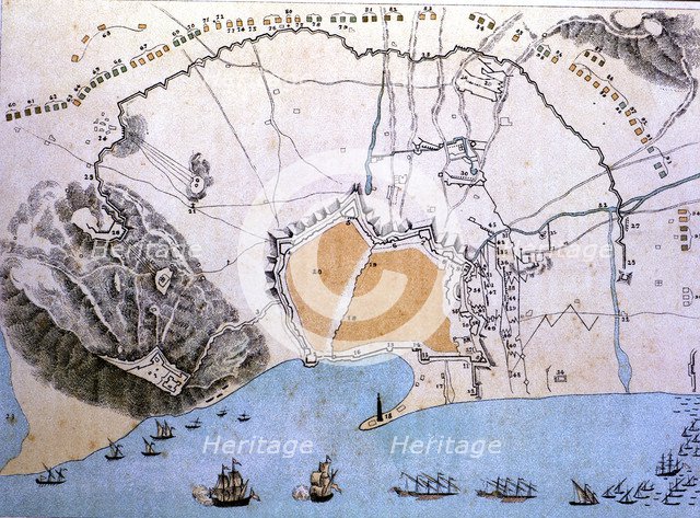 Map of the city of Barcelona during the siege of Philip V in 1714.