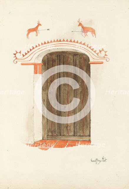 Restoration Drawing: Wall Decoration Over Doorway, Facade of Mission-House, c. 1937. Creator: Geoffrey Holt.