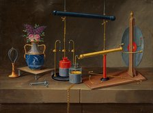 Electricity: condenser jars, an electro-static generator, and a vase with flowers, (18--?). Creator: Paul Lelong.