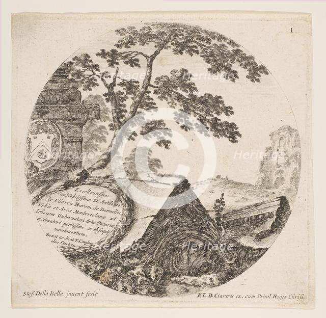 Plate 1: fragments from ancient monuments, from 'Roman Landscapes and Ruins' (Paysages..., ca. 1646. Creator: Stefano della Bella.