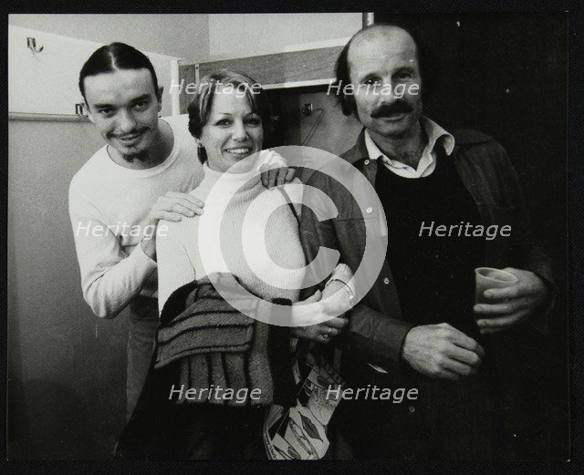 Weather Report band members Jaco Pastorius and Joe Zawinul with Jacki Kirkham-Pamflett at the Odeon, Artist: Denis Williams