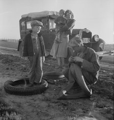 Migratory agricultural worker family along California highway. U.S. 99. 1937. Creator: Dorothea Lange.