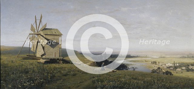 Ukrainian landscape with windmill, 1882. Artist: Orlovsky, Vladimir Donatovich (1842-1914)