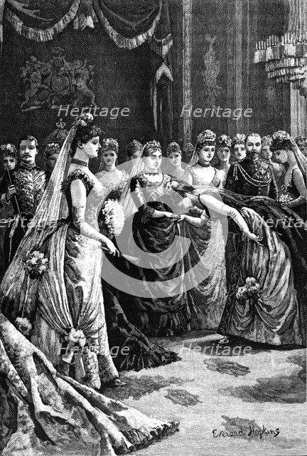 Queen Victoria greets guests in a drawing-room in Buckingham Palace, late 19th century, (1900). Artist: Everard Hopkins