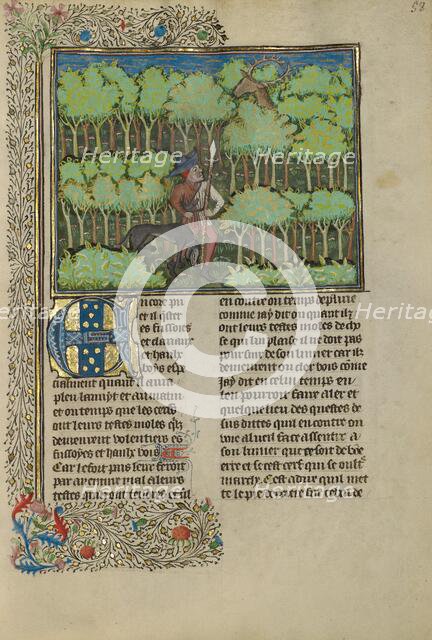 A Hunter and a Dog Tracking in a Forest; Livre de la Chasse, about 1430-1440. Creator: Unknown.