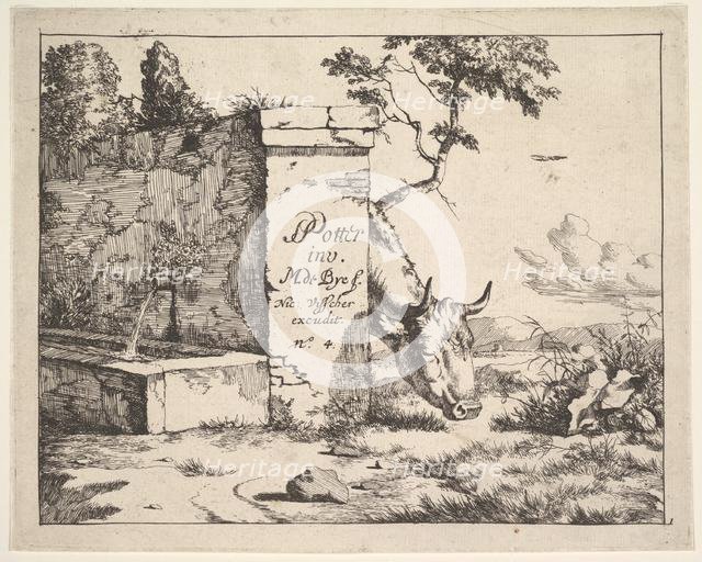 Title page for "Diverses vaches et boeufs" after Paulus Potter. Creator: Marcus de Bye.