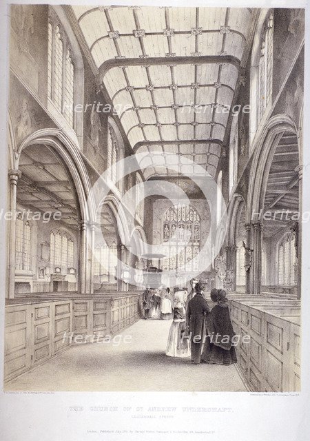 Interior view of St Andrew Undershaft, City of London, 1841. Artist: Thomas Goldsworth Dutton   