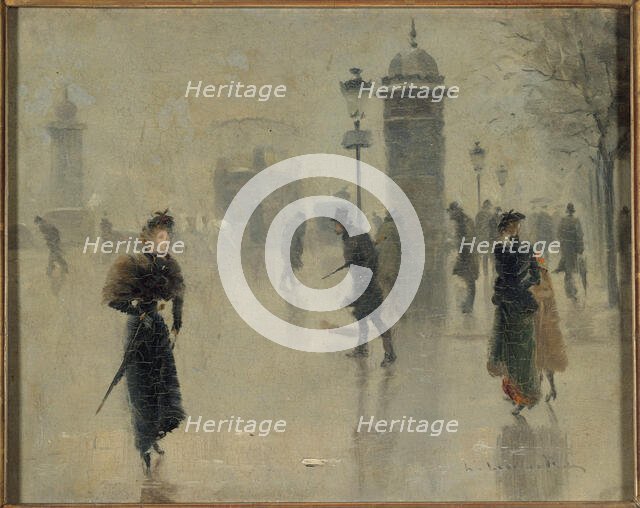 Passers-by on the boulevard on a winter's day, circa 1895. Creator: Unknown.