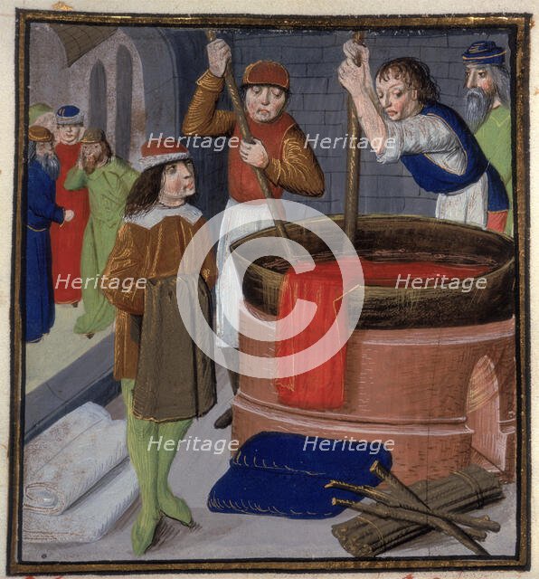 Dyers soaking red cloth in a heated barrel, 1482. Creator: Unknown.