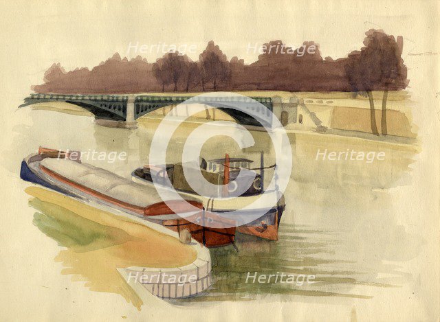Barges on the River Thames near Battersea Bridge, London, c1951.  Creator: Shirley Markham.