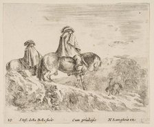 Plate 10: two horsemen descending a mountain at left, another horseman to right in ..., ca. 1644-47. Creator: Stefano della Bella.