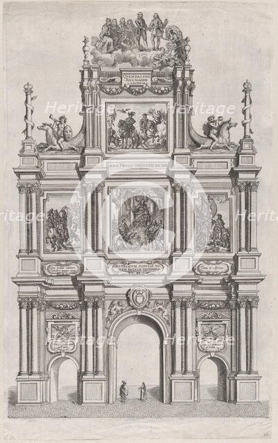 Plate 19: Triumphal arch, elevation of the front, surmounted by a cloud bearing Ferdinand ..., 1636. Creators: Johannes Meursius, Willem van der Beke.