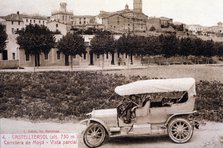 Partial view of Castellterçol (Barcelona), with a car on the road to Moià, postcard reproduction …