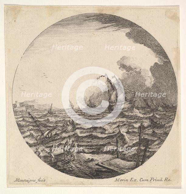 Tempest in a roundel composition, at left waves toss a small ship occupied by seven..., ca. 1625-60. Creator: Matthijs van Plattenberg.