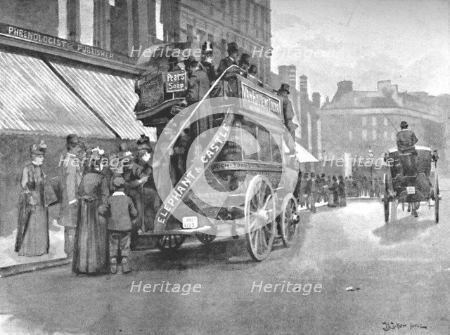 'New Bridge Market - Struggle for the Bus', 1891. Creator: William Luker.