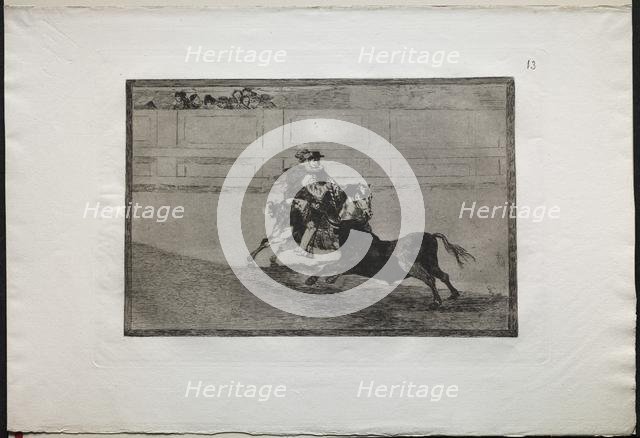 Bullfights: A Spanish Mounted Knight in the Ring Breaking Short Spears Without the Help..., 1876. Creator: Francisco de Goya (Spanish, 1746-1828).