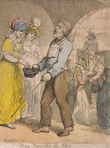 'Pray remember the blind'; scene under Covent Garden piazza, Cries of London, 1811. Artist: Anon