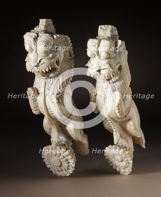 Pair of Architectural Brackets in the Form of Rampant Leonine Creatures (yali..., 17th century. Creator: Unknown.