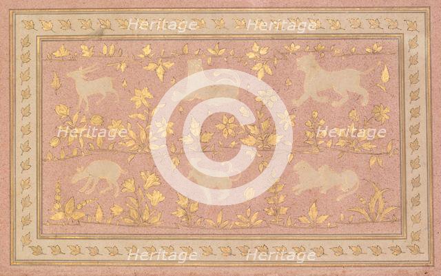 Stenciled Scenes of Lion and Gazelle, c. 1710. Creator: Unknown.