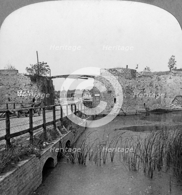 14th century ramparts and Lille Gate, Ypres, Belgium, World War I, c1914-c1918.  Artist: Realistic Travels Publishers