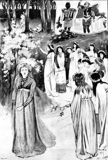"King Arthur," at the Lyceum: the Queen's Maying in the Whitethorn Wood, 1895. Creator: George Meisenbach.