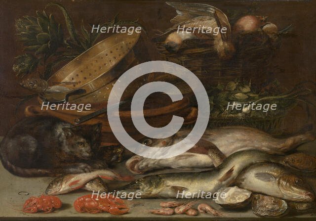 Fish, Crustacea, Poultry, Vegetables and a Cat, early-mid 17th century. Creator: Alexander Adriaenssen.