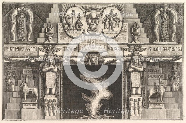Chimneypiece in the Egyptian style: Groups of three female nudes at the base of each j..., ca. 1769. Creator: Giovanni Battista Piranesi.
