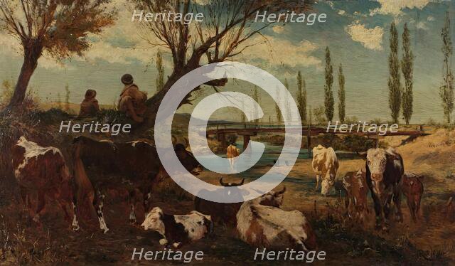 Herd of cows by the water, 1872. Creator: Carl Rudolf Huber.