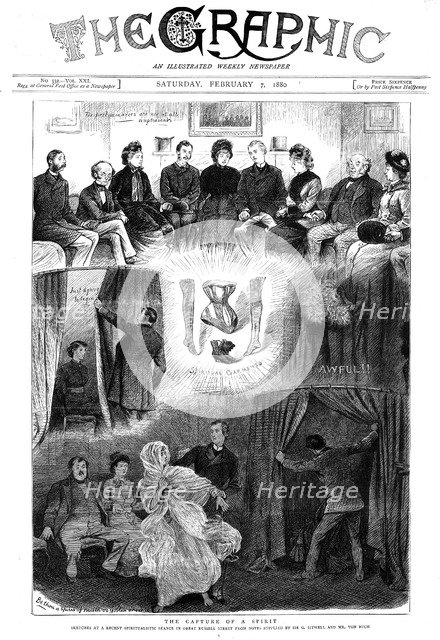 Spirit unmasked at a London séance, 1880. Artist: Unknown