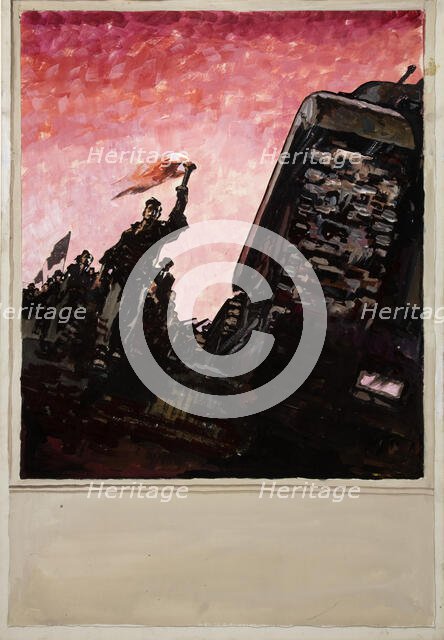 Man with lighted torch at head of a column of civilians, some carrying..., between 1939 and 1946. Creators: Unknown, Central Office of Information.