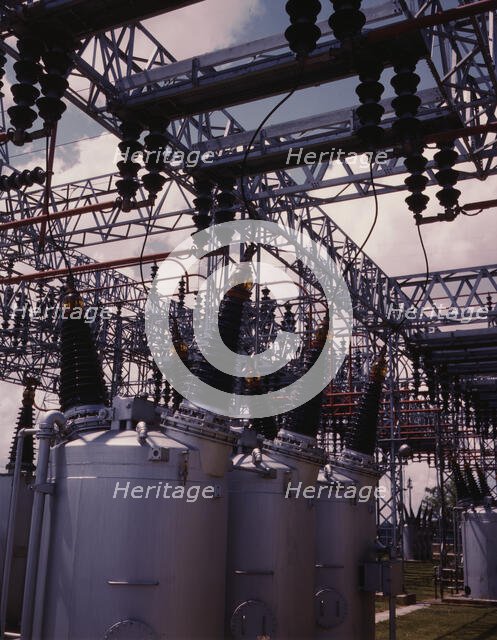 Switchyard at TVA's Wilson Dam hydroelectric plant, vicinity of Sheffield, Ala., 1942. Creator: Alfred T Palmer.